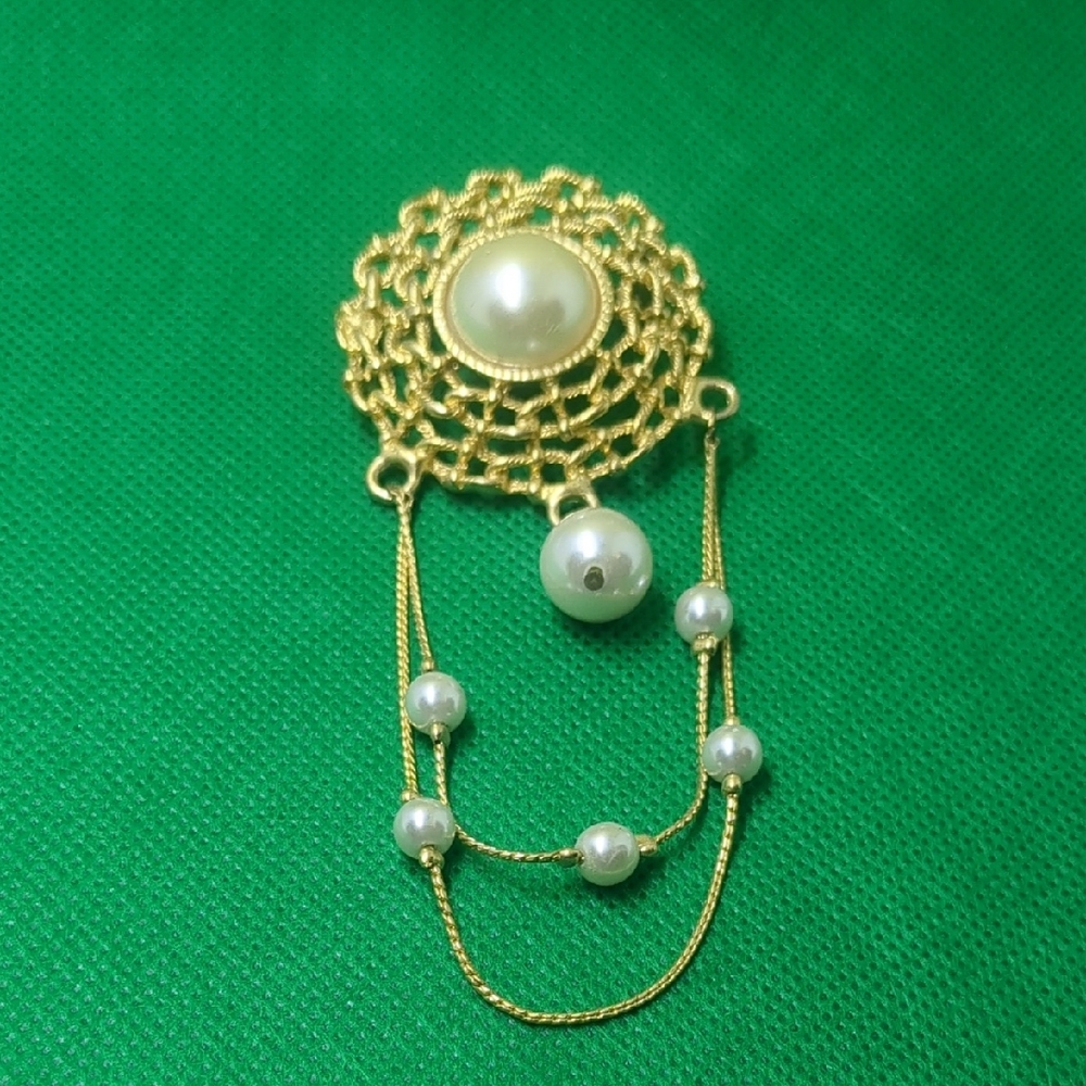 Gold and Cream Filigree Brooch with Pearl Accents
